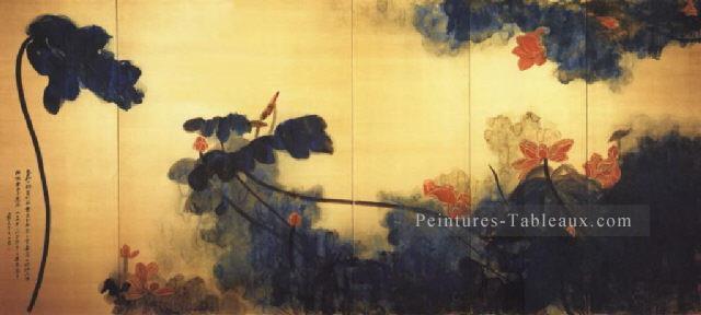 Chang Dai chien Crimson Lotus sur écran or ancienne Chine à l’encre Peintures à l'huile